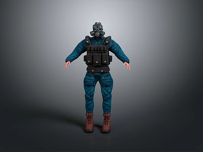 Person In Blue Protective Suit With Gas Mask And Black Tactical Vest 3d model