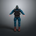Person In Blue Protective Suit With Gas Mask And Black Tactical Vest