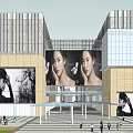 Modern Commercial Complex With Large Billboards Female Faces Glass Entrance And Pedestrians