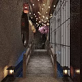 Japanese Style Corridor With Bamboo Screens Lanterns Stone Steps And Water Feature