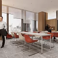 Contemporary Office Space Featuring Large Windows City View And Red Chairs 3d model