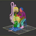Elderly Man Tending to Potted Plants With Mechanical Device on Stool 3d model