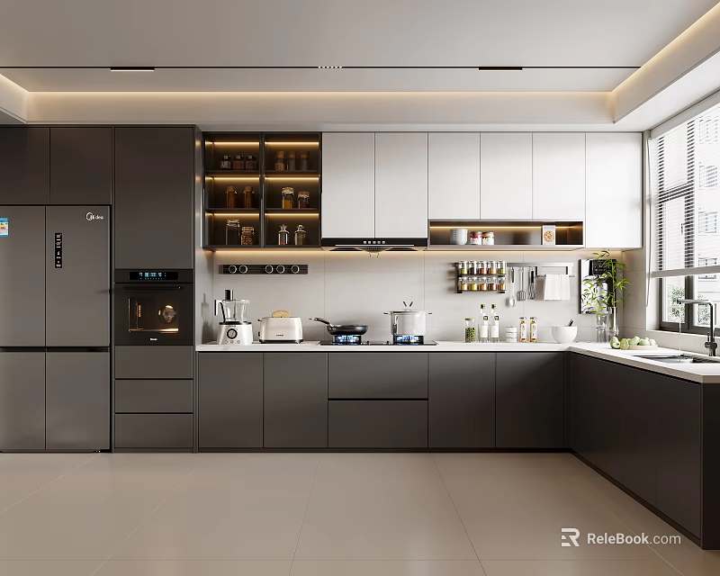 Modern Kitchen Interior Design With Dark Light Cabinets Island Counter And Appliances 3d model 