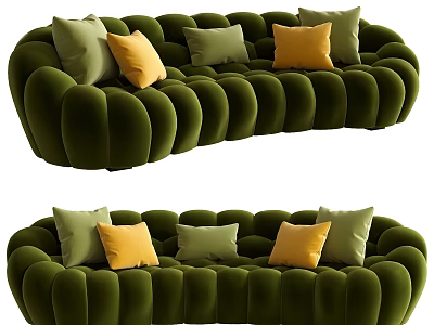 Green Velvet Sectional Sofa With Yellow And Green Decorative Pillows 3d model