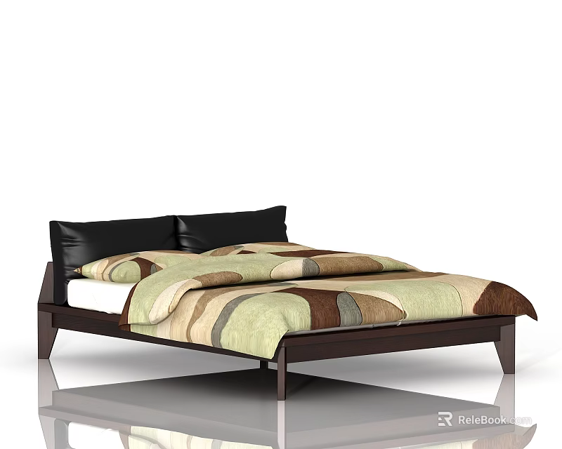 Modern Double Bed With Wooden Frame Black Upholstered Headboard And Colorful Striped Bedspread 3d model 