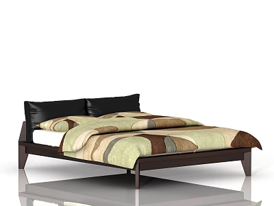 Modern Double Bed With Wooden Frame Black Upholstered Headboard And Colorful Striped Bedspread 3d model