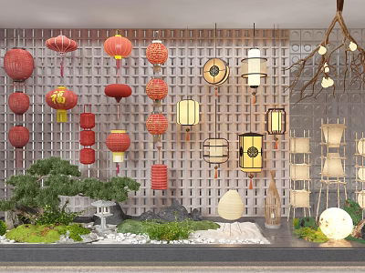 Colorful Chinese Lanterns Hanging On Lattice Wall With Miniature Rockery And Plants 3d model