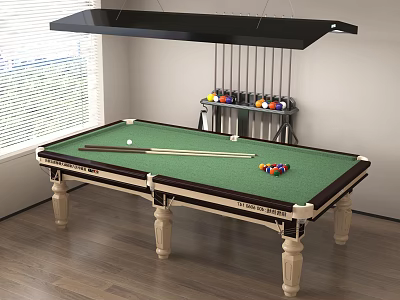 Well Equipped Billiard Room with Green Felt Table Hanging Cue Rack and Scattered Balls 3d model