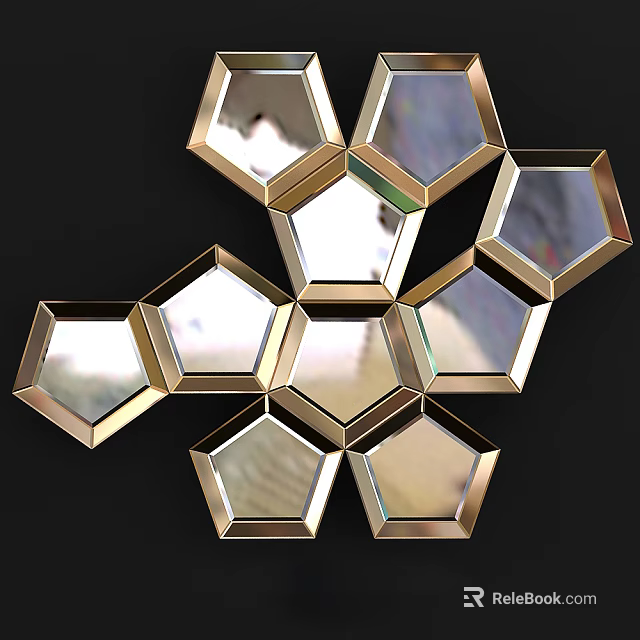 Hexagonal Gold Framed Mirrors Arranged In Honeycomb Pattern On Black Background 3d model
