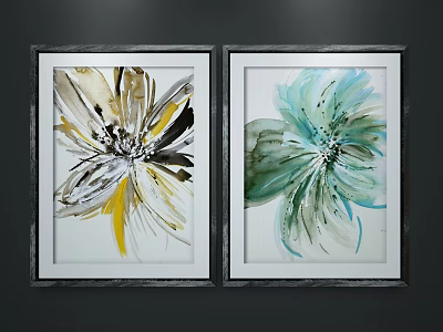 Abstract Floral Framed Wall Art With Yellow Teal White Black Colors 3d model