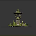 Japanese Stone Lantern Garden Scene With Moss Candles Stones And Green Plants