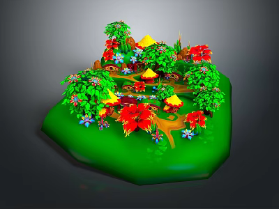 Lush Green Island Scenery with Colorful Flowers Trees Yellow Pavilions and Winding Path 3d model