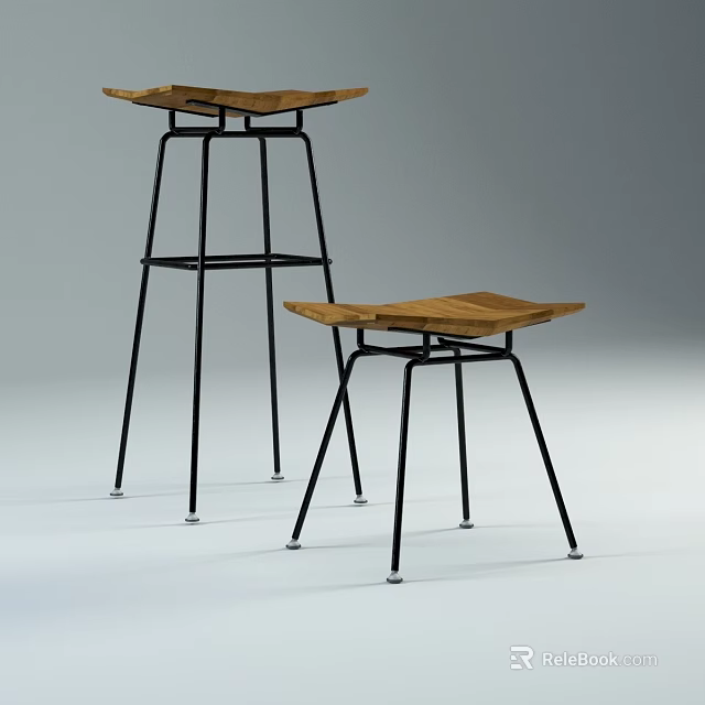 Two Modern Bar Stools With Wooden Seats And Black Metal Frames In Different Heights 3d model 