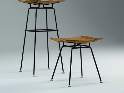 Two Modern Bar Stools With Wooden Seats And Black Metal Frames In Different Heights 3d model