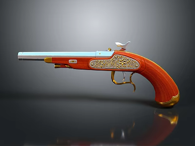 Vintage Pistol With Red Grip Golden Decorations And Silver Barrel 3d model