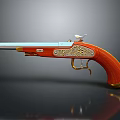 Vintage Pistol With Red Grip Golden Decorations And Silver Barrel