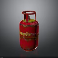 Red LPG Gas Cylinder With Yellow Stripe And Worn Exterior Surface Details