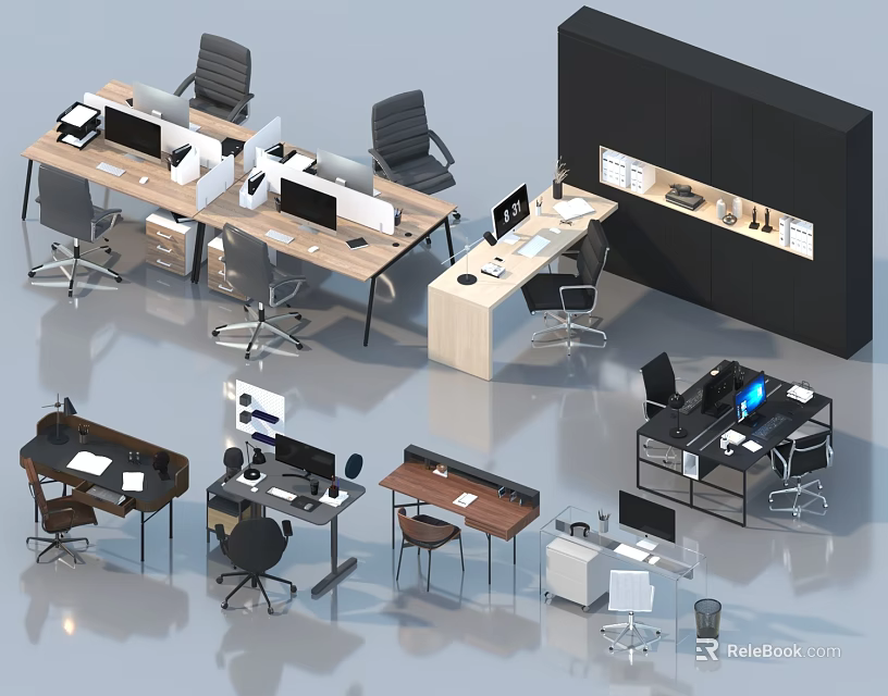 Modern Office Desks With Multiple Designs Computer Monitors Office Chairs And Storage Units 3d model