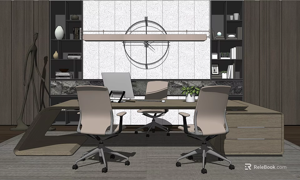 Modern Office Desk With Laptop Ergonomic Chairs Bookshelves Wall Clock And Potted Plant 3d model 