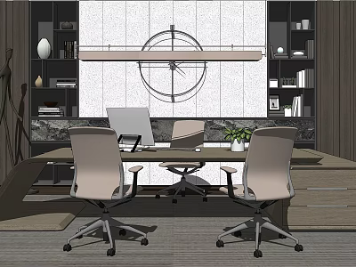 Modern Office Desk With Laptop Ergonomic Chairs Bookshelves Wall Clock And Potted Plant 3d model