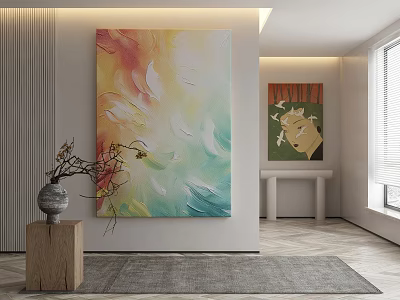 Vibrant Abstract Painting On Wall In Modern Living Room With Vase And Rug Decor 3d model