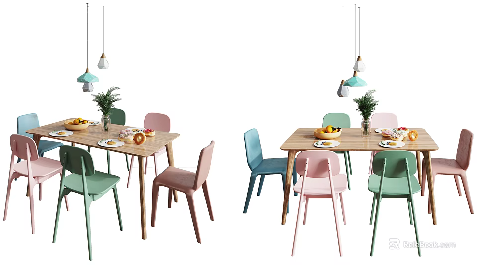 Colorful Dining Table Set With Multicolored Chairs Fruits Tableware And Hanging Lights 3d model 