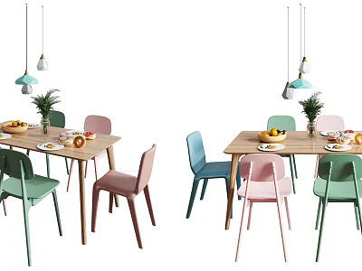 Colorful Dining Table Set With Multicolored Chairs Fruits Tableware And Hanging Lights 3d model