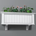 Stylish White Wooden Slat Garden Planter Box With Green Plants And Pink Flowers