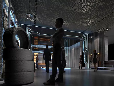 Modern Industrial Interior Design With Stacked Tires Neon Lights And People 3d model