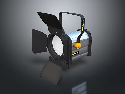Professional Stage Spotlight With Black Barn Doors Silver Body And Yellow Control Knob Handle 3d model