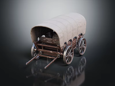 Animal Carvings Adorn Vintage Wooden Carriage With Canvas Cover And Reflections 3d model