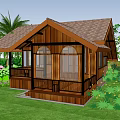 Rustic Wooden Guesthouse with Brown Roof Surrounded by Palm Trees Green Lawn and Flowers