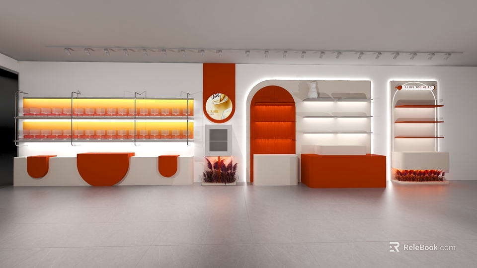 Modern Display Cabinets and Shelves with White Orange Design and Plant Accent Decor 3d model 