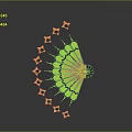 Green Fan Shaped Structure With Black Details And Green Stars On Grey Background