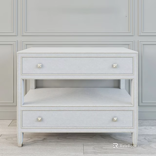 Elegant White Bedside Table With Two Drawers Metal Knobs And Stitching Details 3d model
