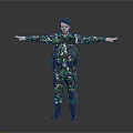 Male In Camouflage Military Uniform Standing With Arms Outstretched On Gray Background