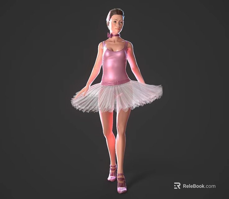 Woman in Pink Ballet Tutu Standing Gracefully Against Dark Background with Pointe Shoes 3d model 
