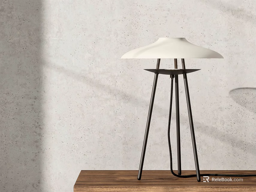 Modern Table Lamp with White Shade and Black Metal Stand on Wooden Table Gray Wall 3d model 