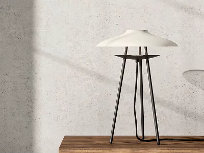 Modern Table Lamp with White Shade and Black Metal Stand on Wooden Table Gray Wall 3d model