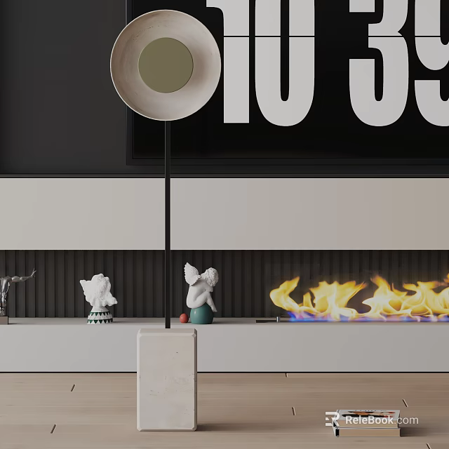 Modern Floor Lamp Standing By Fireplace With Flames Decorative Numbers And Small Statues 3d model 