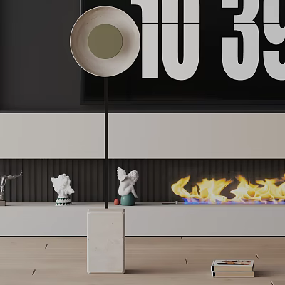 Modern Floor Lamp Standing By Fireplace With Flames Decorative Numbers And Small Statues 3d model