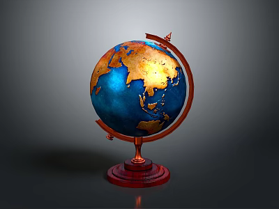 Decorative Desktop Globe With Red Stand Blue Oceans And Golden Continents On Gray Background 3d model
