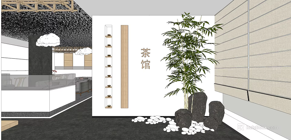 Traditional Tea House Interior With Bamboo Tree Black Stones And White Pebbles 3d model 
