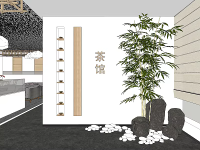 Traditional Tea House Interior With Bamboo Tree Black Stones And White Pebbles 3d model