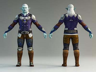 Blue Skinned Elf Game Character With Long White Hair Purple Tunic And Leather Accents 3d model