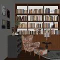 Study Room Interior With Wooden Bookshelves Full Of Books Patterned Armchair And Table Lamp