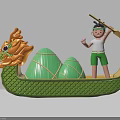 Little Boy Standing On Green Dragon Boat With Dragon Head And Mountain Shaped Structure