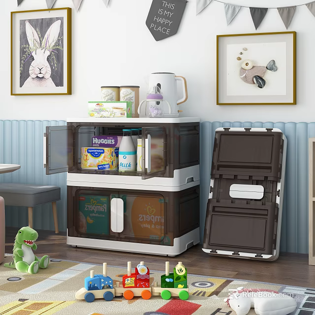 Transparent And Brown Storage Boxes For Organizing Toys And Snacks In Home Living Room 3d model 