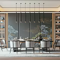Modern Restaurant Interior With Dining Table Chairs Pendant Lights And Decorative Wall Art