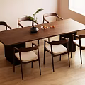 Modern Wooden Dining Table Set With Six Chairs Beige Cushions Green Plant Oranges Bright Room